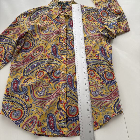 Lauren Ralph Lauren Paisley Button-Up Shirt Yellow Cotton Boho Retro Women's XS - Picture 10 of 12